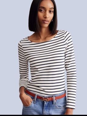 Boden Ella Striped Long Sleeve Shirt White and Navy Size 8